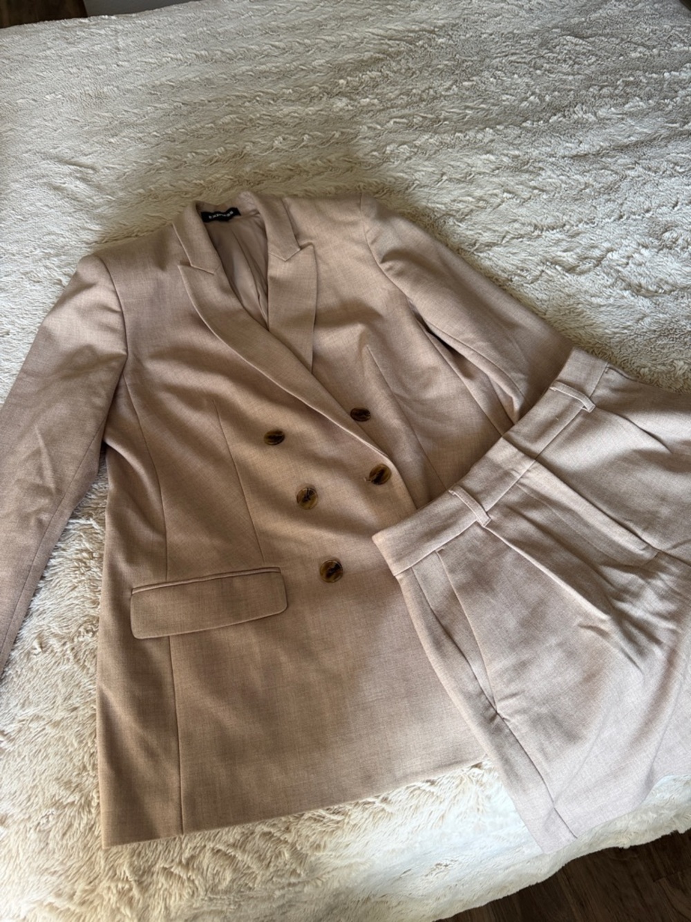 EXPRESS Double-Breasted Blazer and Tailored Shorts Set in Light Beige